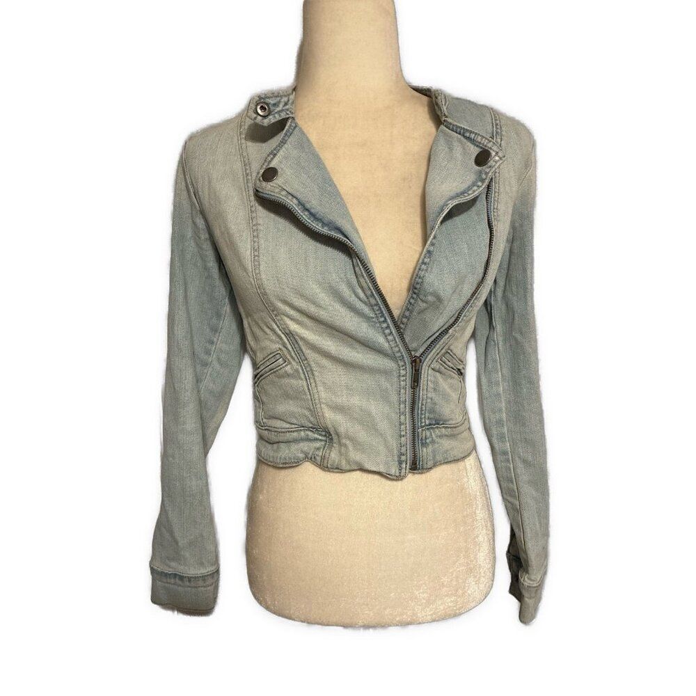rubbish Denim jean jacket Fitted light blue Crop moto Biker Xs